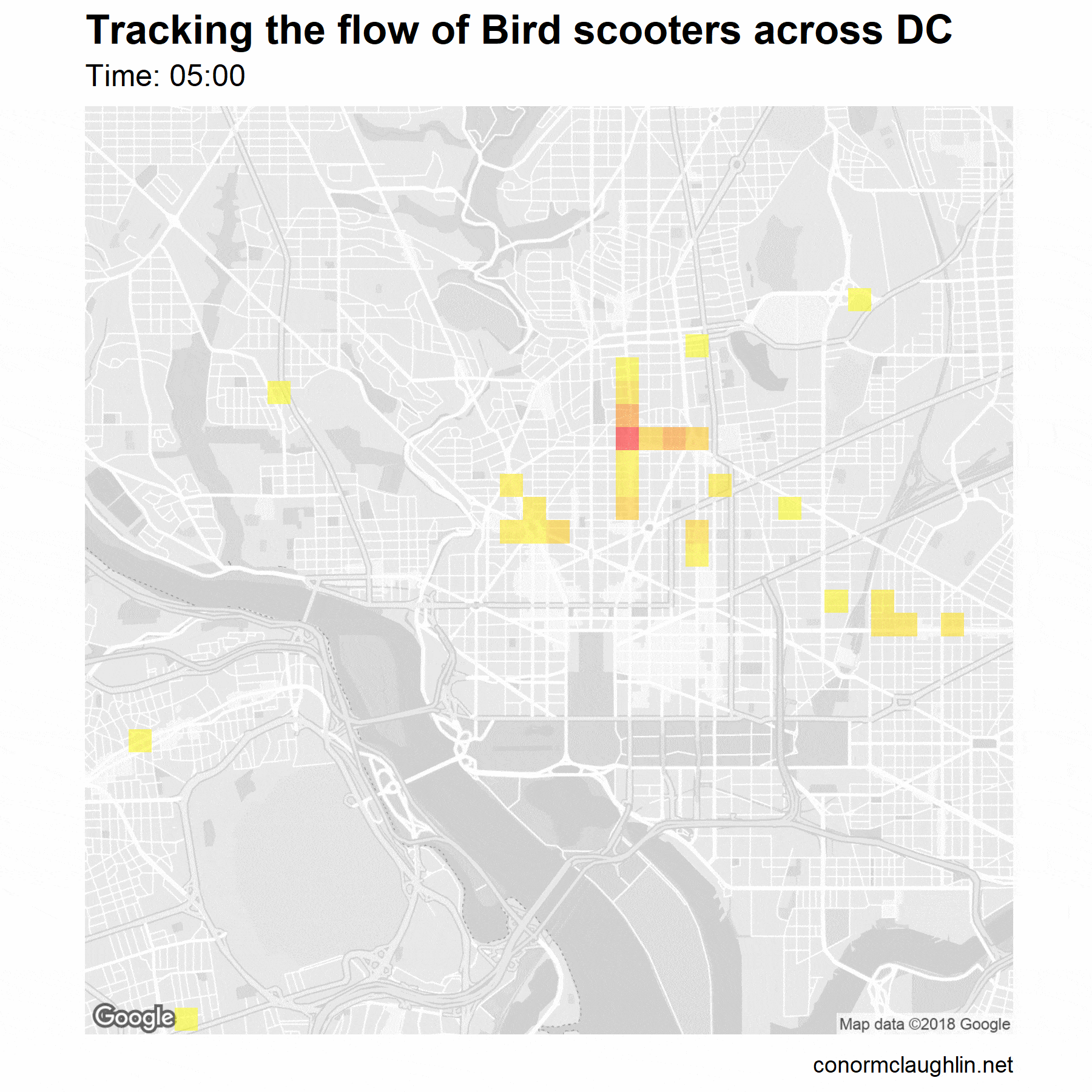 Animated Map of DC with Heatmap of Birds throughout the Day