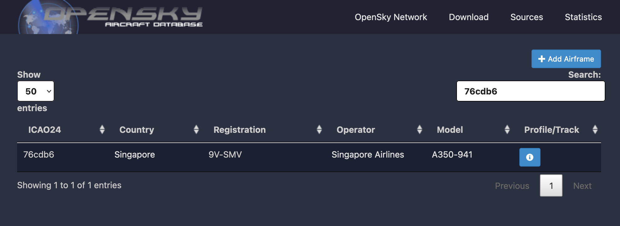 OpenSky Aircraft Database Search