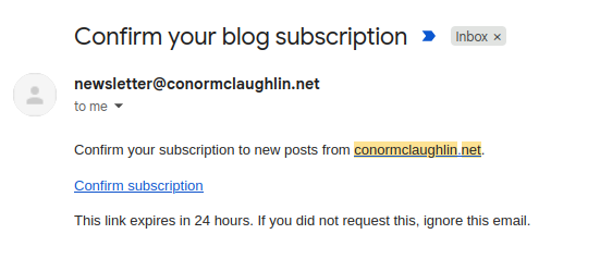 Subscription confirmation email with a link that expires in 24 hours.