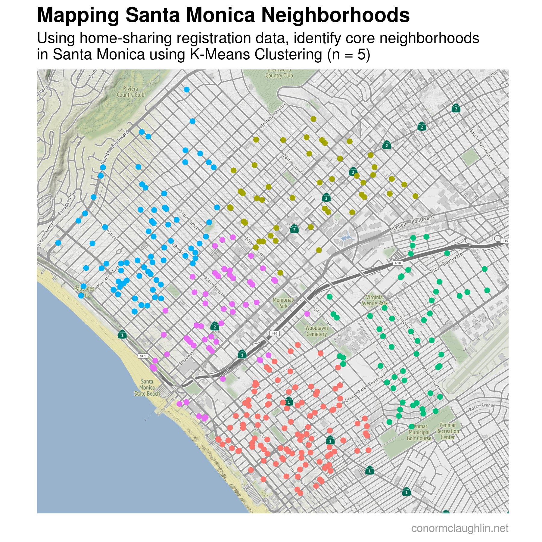 K-Means Clustering Santa Monica - Five Clusters